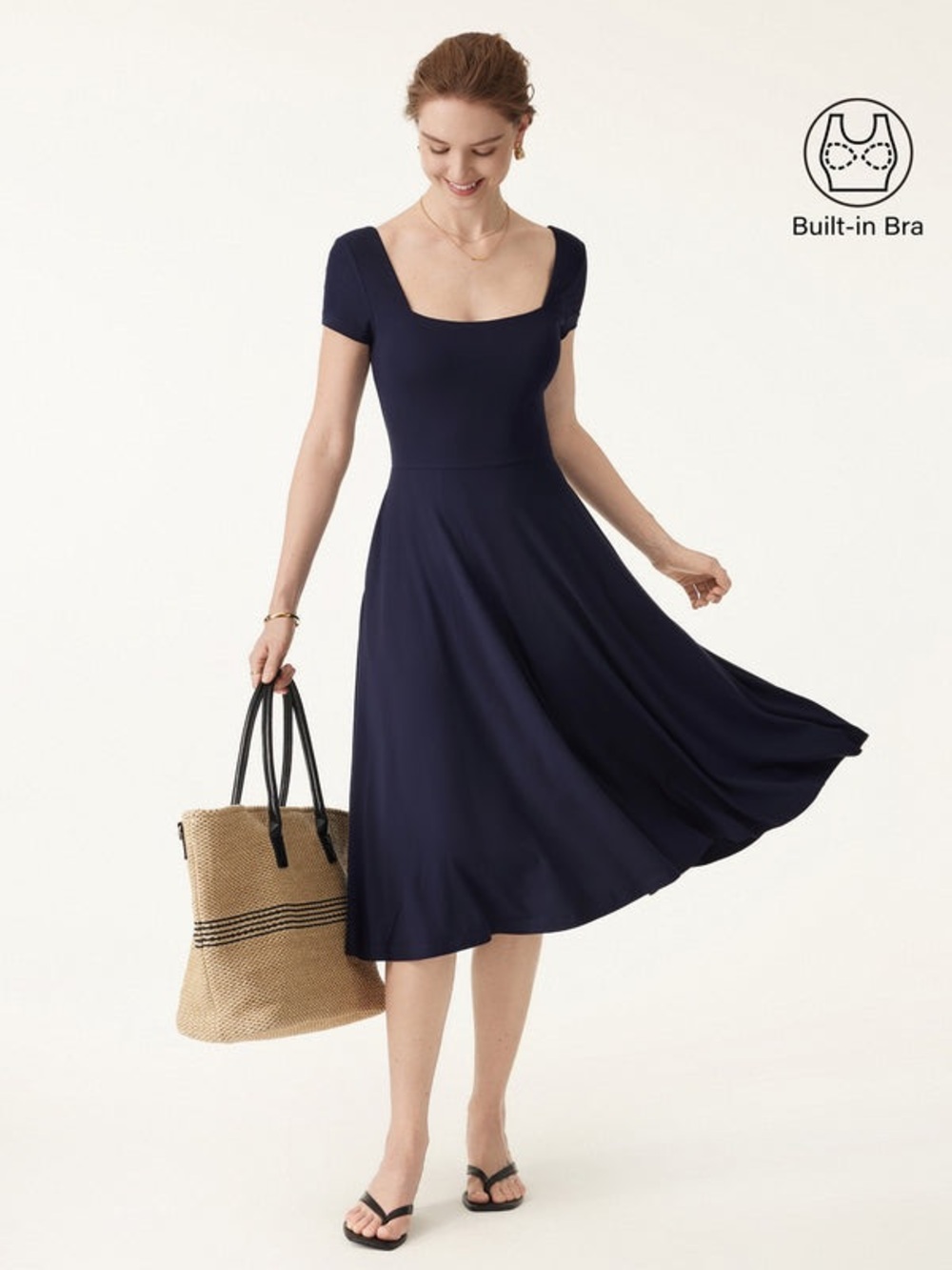 OGL Flowy Square Neck Short Sleeve Midi Bra Dress in Midnight Navy size M, NWT